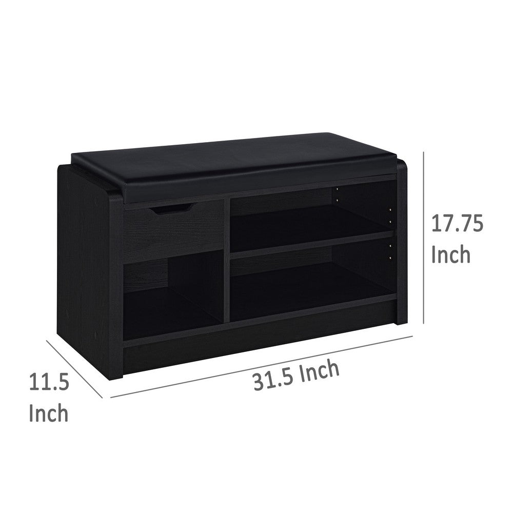 Benjara Aryn Storage Bench with Adjustable Shelf, Black Faux Leather, Black