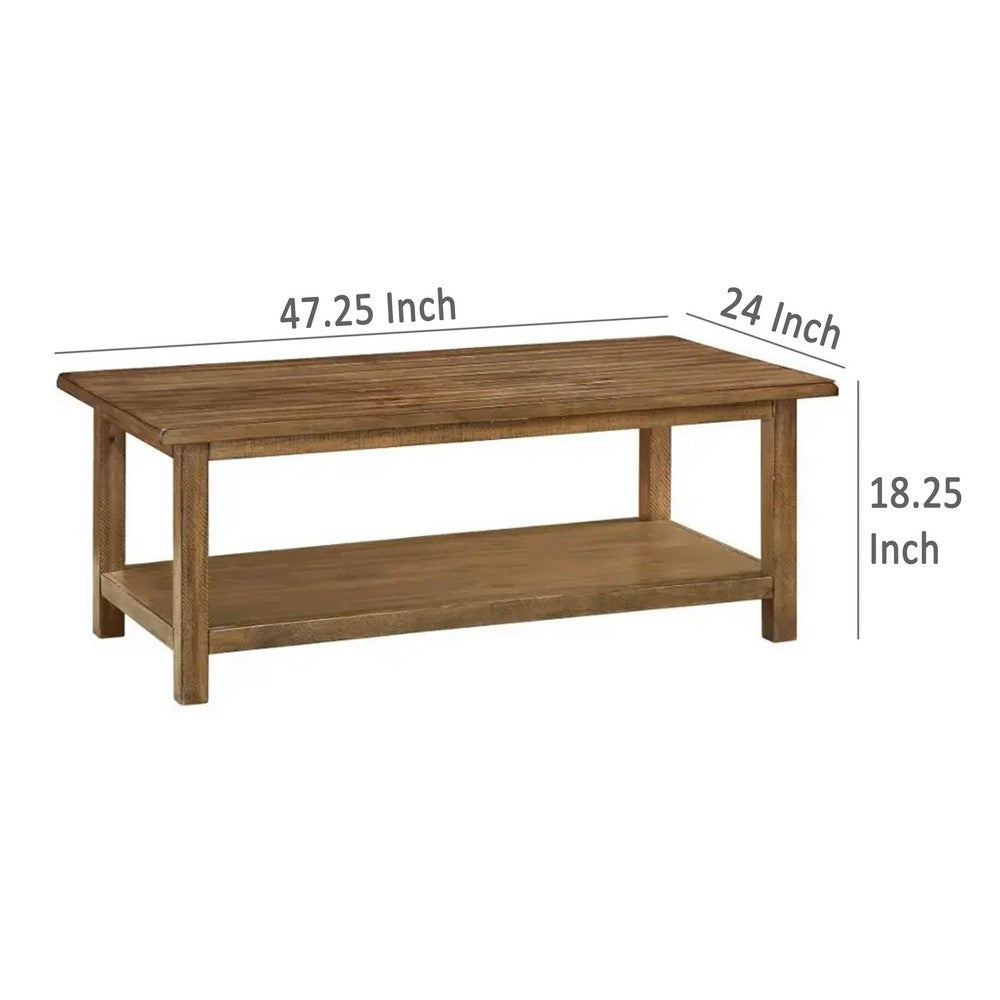 Benjara Ayne Coffee Table, 1 Shelf, Distressed Brown Wood Frame, 47 Inch