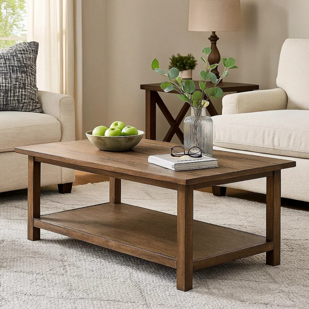 Benjara Ayne Coffee Table, 1 Shelf, Distressed Brown Wood Frame, 47 Inch