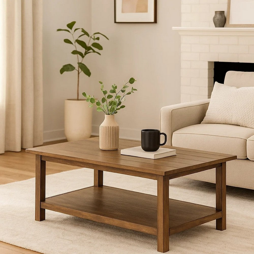 Benjara Ayne Coffee Table, 1 Shelf, Distressed Brown Wood Frame, 47 Inch