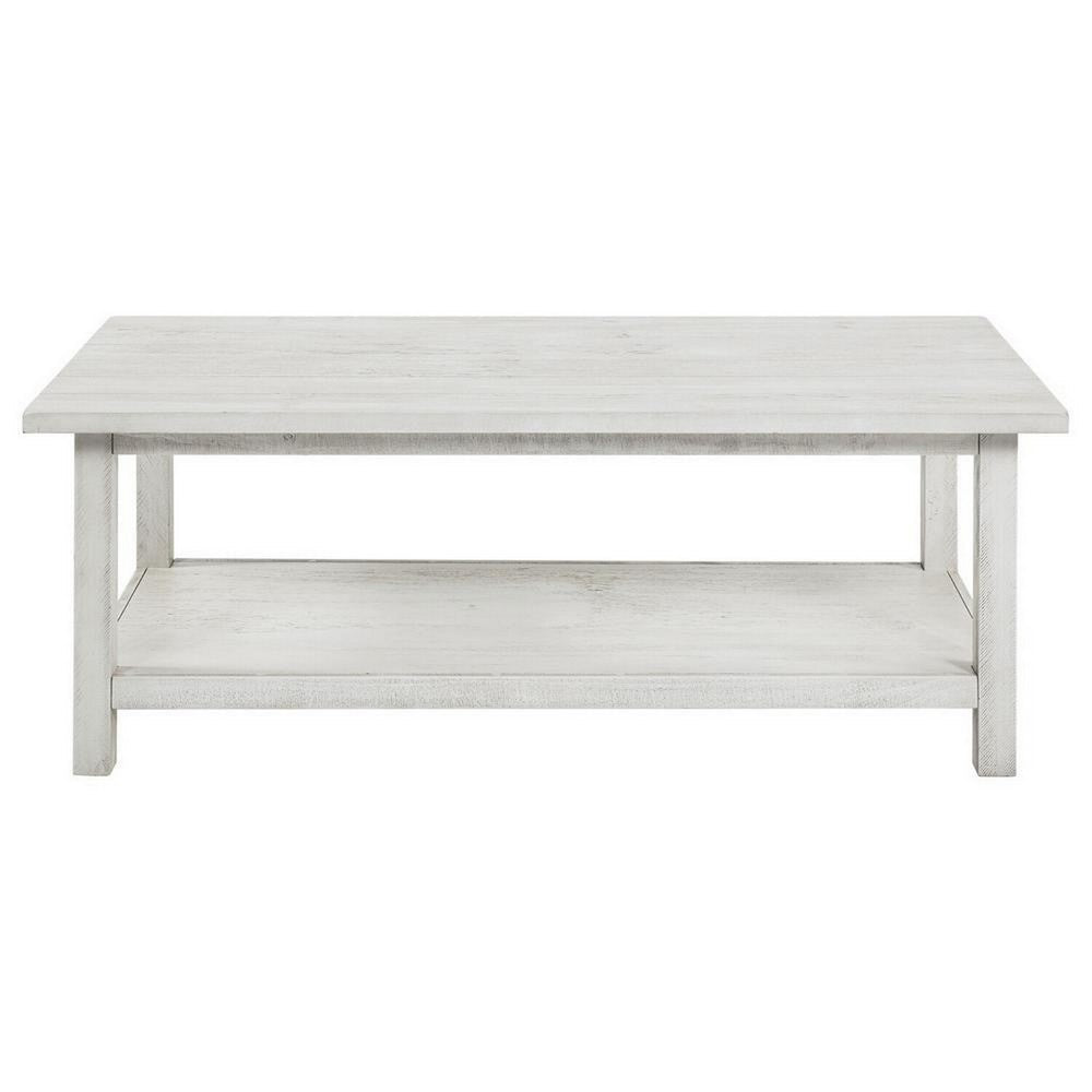 Benjara Ayne Coffee Table, 1 Bottom Shelf, Distressed White Wood, 47 Inch