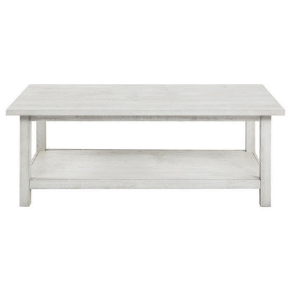 Benjara Ayne Coffee Table, 1 Bottom Shelf, Distressed White Wood, 47 Inch