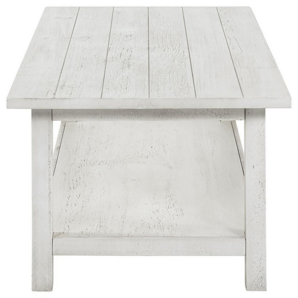 Benjara Ayne Coffee Table, 1 Bottom Shelf, Distressed White Wood, 47 Inch