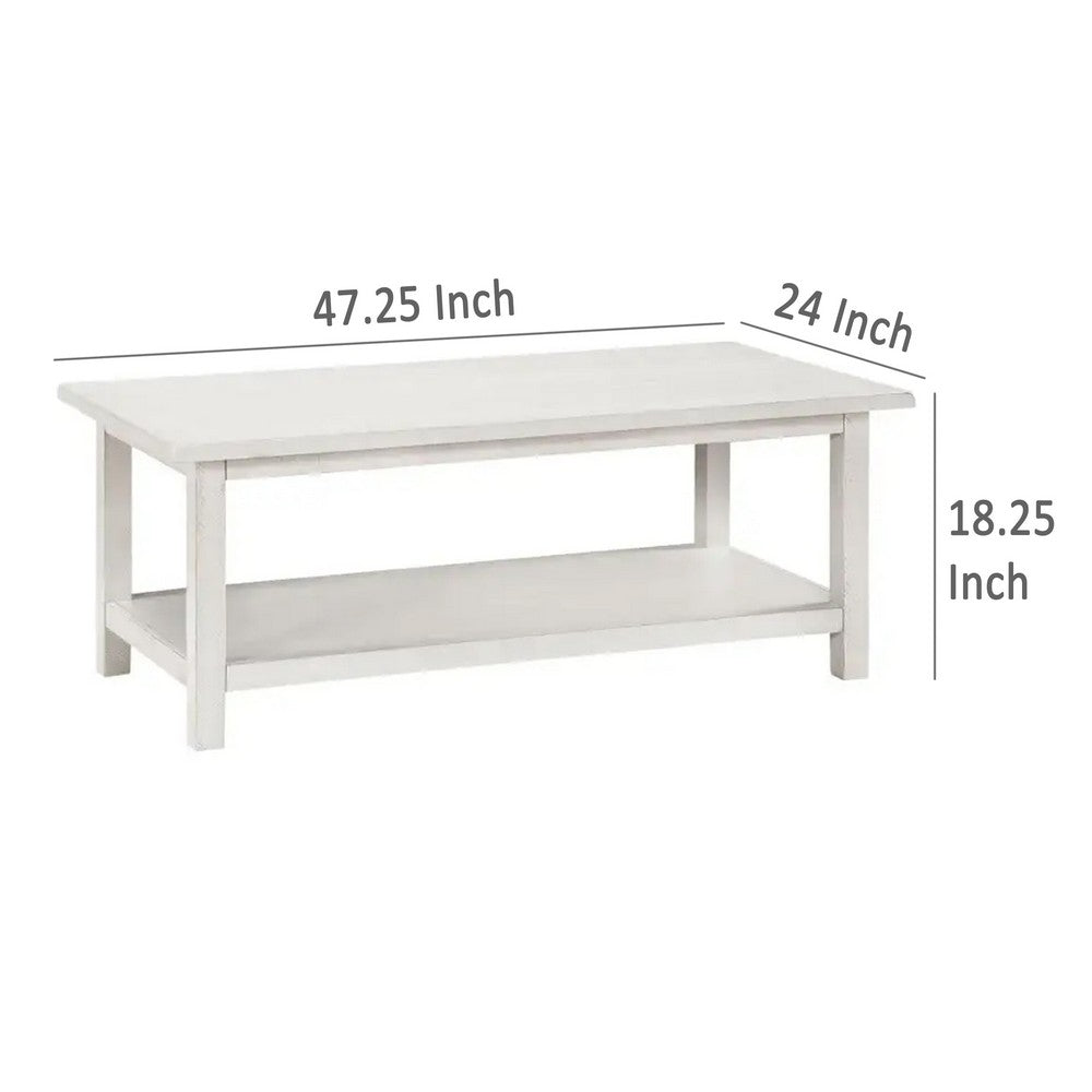Benjara Ayne Coffee Table, 1 Bottom Shelf, Distressed White Wood, 47 Inch