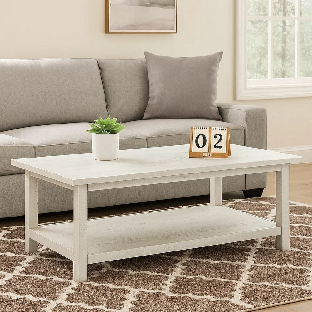 Benjara Ayne Coffee Table, 1 Bottom Shelf, Distressed White Wood, 47 Inch