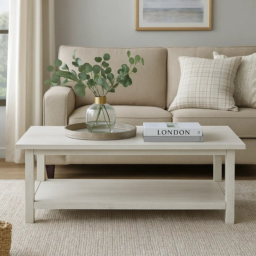 Benjara Ayne Coffee Table, 1 Bottom Shelf, Distressed White Wood, 47 Inch