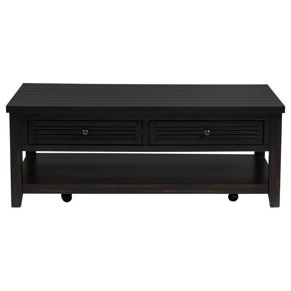 Benjara Coni Coffee Table, 2 Drawers, 1 Shelf, Black Wood Frame, 48 Inch