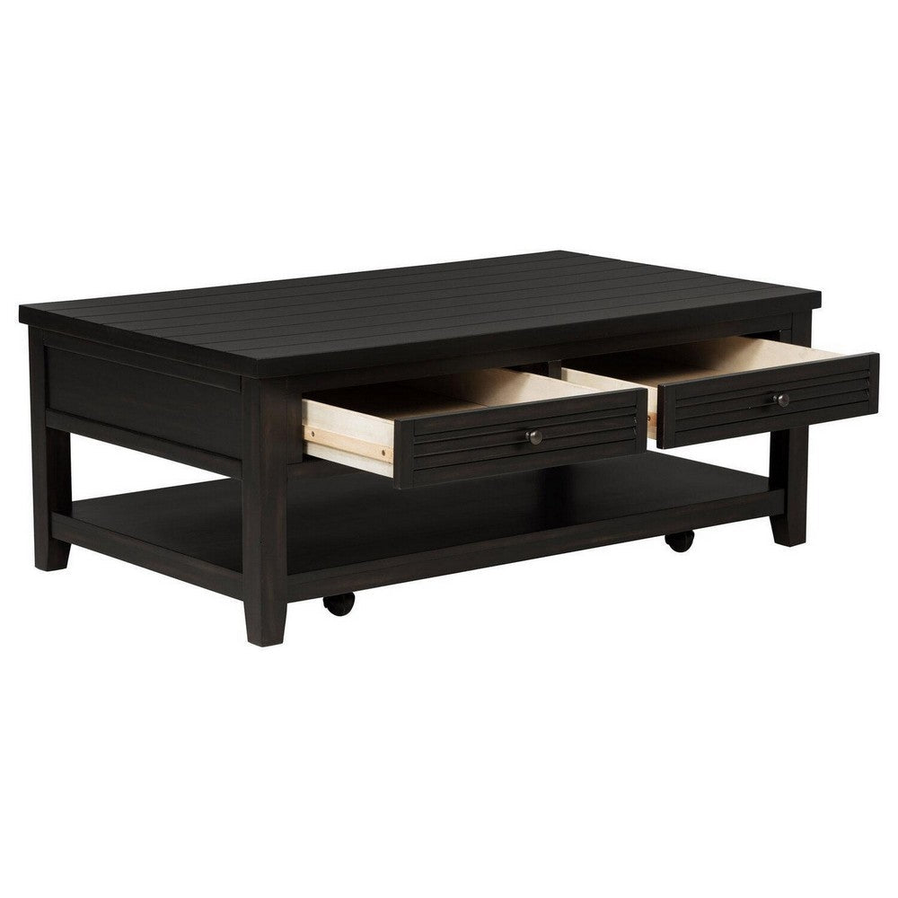 Benjara Coni Coffee Table, 2 Drawers, 1 Shelf, Black Wood Frame, 48 Inch