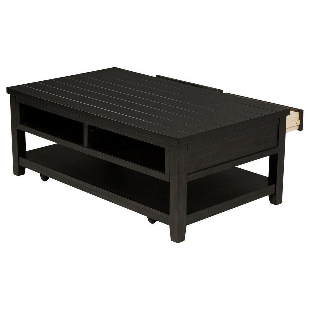 Benjara Coni Coffee Table, 2 Drawers, 1 Shelf, Black Wood Frame, 48 Inch