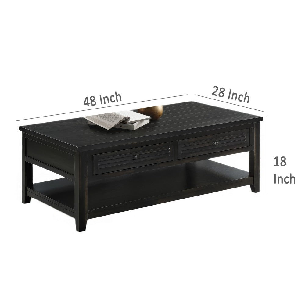 Benjara Coni Coffee Table, 2 Drawers, 1 Shelf, Black Wood Frame, 48 Inch