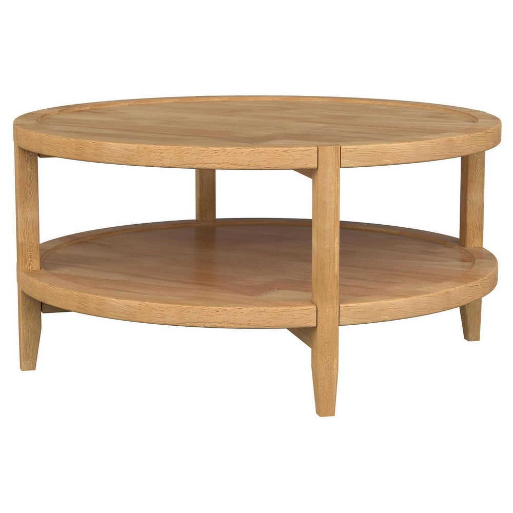 Benjara Camilia Coffee Table, 1 Shelf, Round Maple Brown Solid Wood, 36 Inch