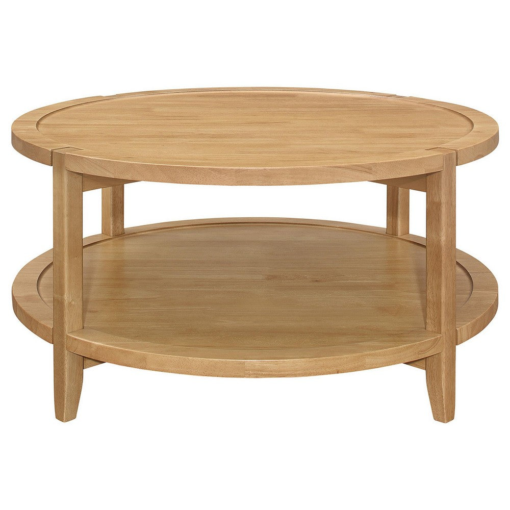 Benjara Camilia Coffee Table, 1 Shelf, Round Maple Brown Solid Wood, 36 Inch
