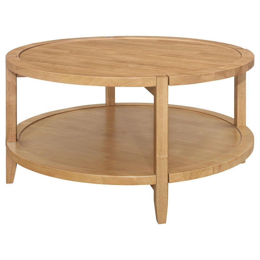 Benjara Camilia Coffee Table, 1 Shelf, Round Maple Brown Solid Wood, 36 Inch