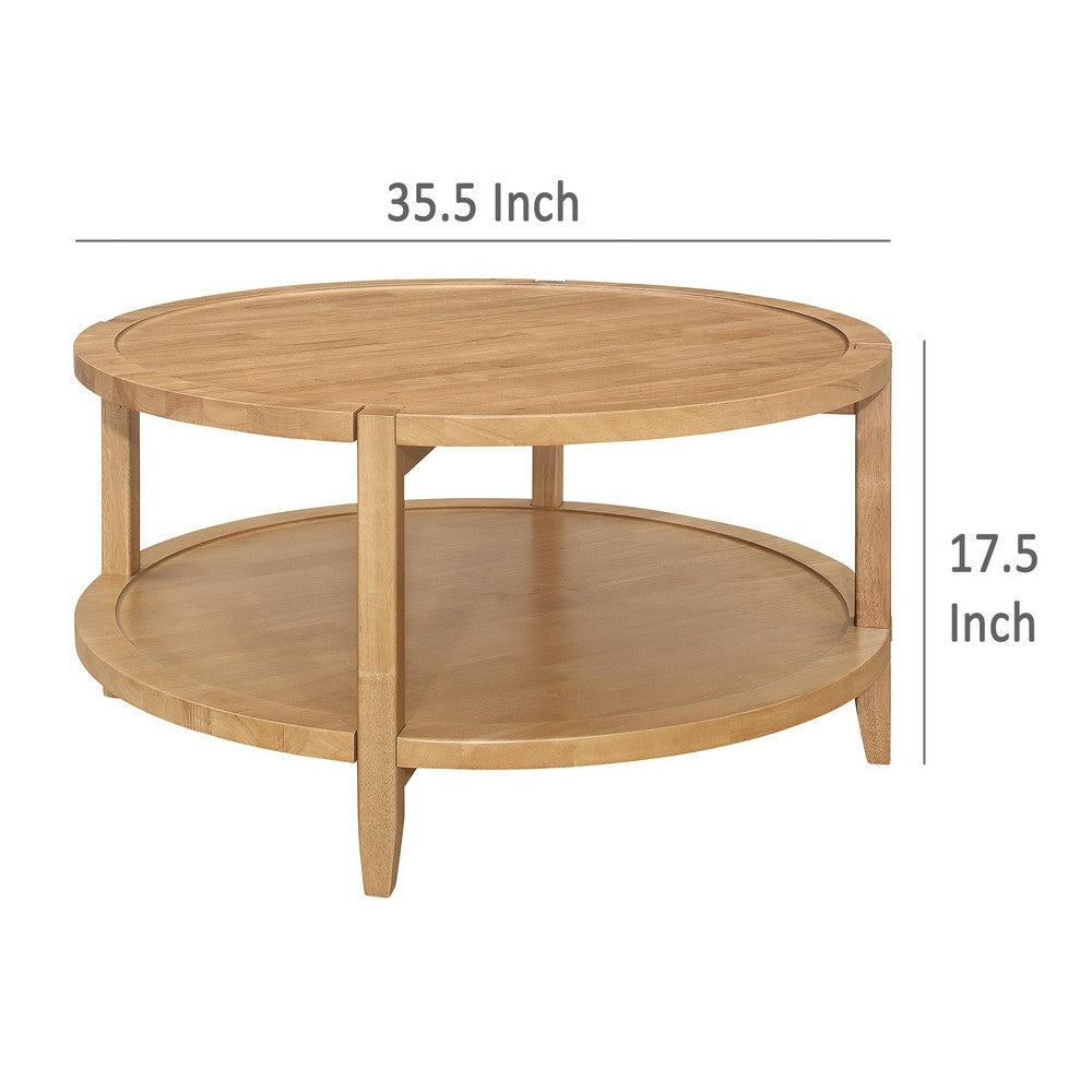 Benjara Camilia Coffee Table, 1 Shelf, Round Maple Brown Solid Wood, 36 Inch