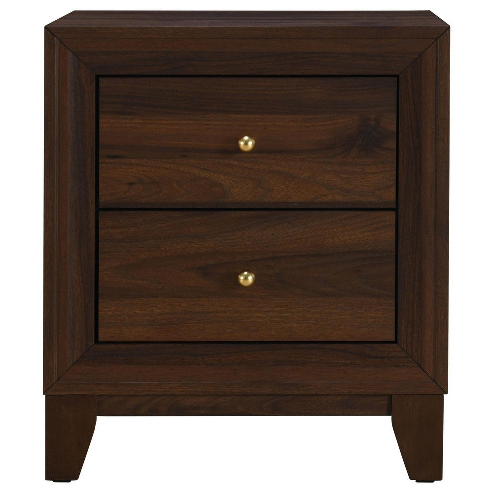Benjara Yels Nightstand with 2 Drawers, Gold Metal Knobs, Walnut Brown
