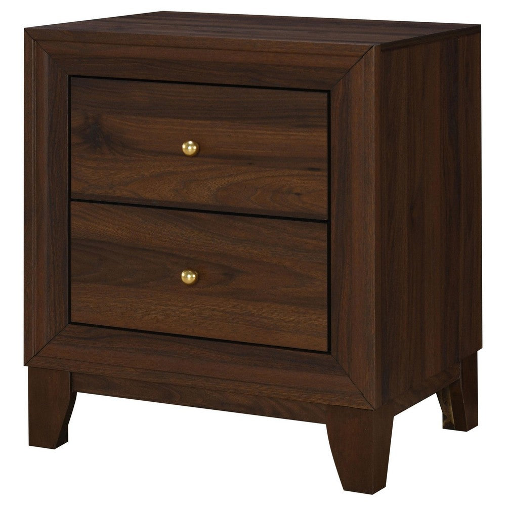 Benjara Yels Nightstand with 2 Drawers, Gold Metal Knobs, Walnut Brown