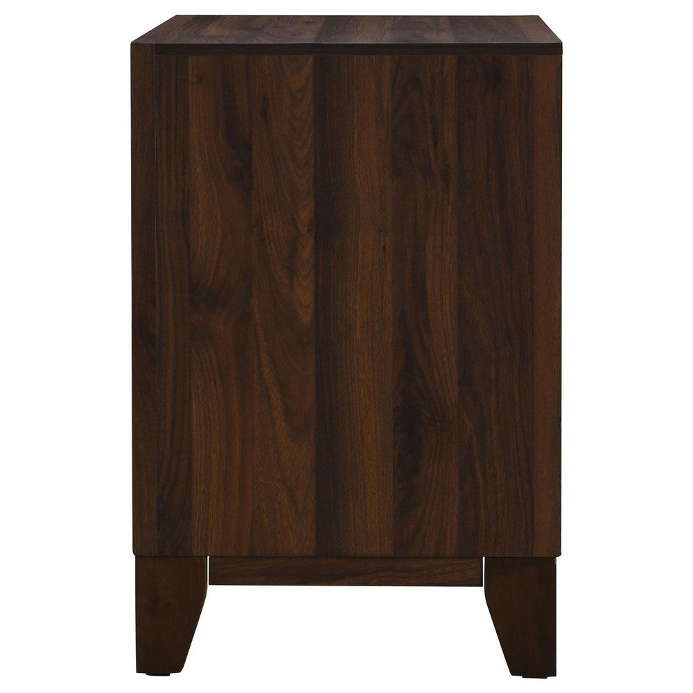 Benjara Yels Nightstand with 2 Drawers, Gold Metal Knobs, Walnut Brown