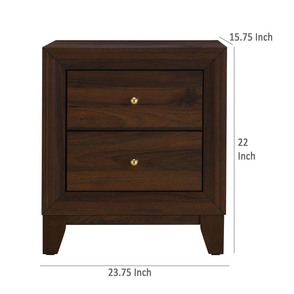 Benjara Yels Nightstand with 2 Drawers, Gold Metal Knobs, Walnut Brown