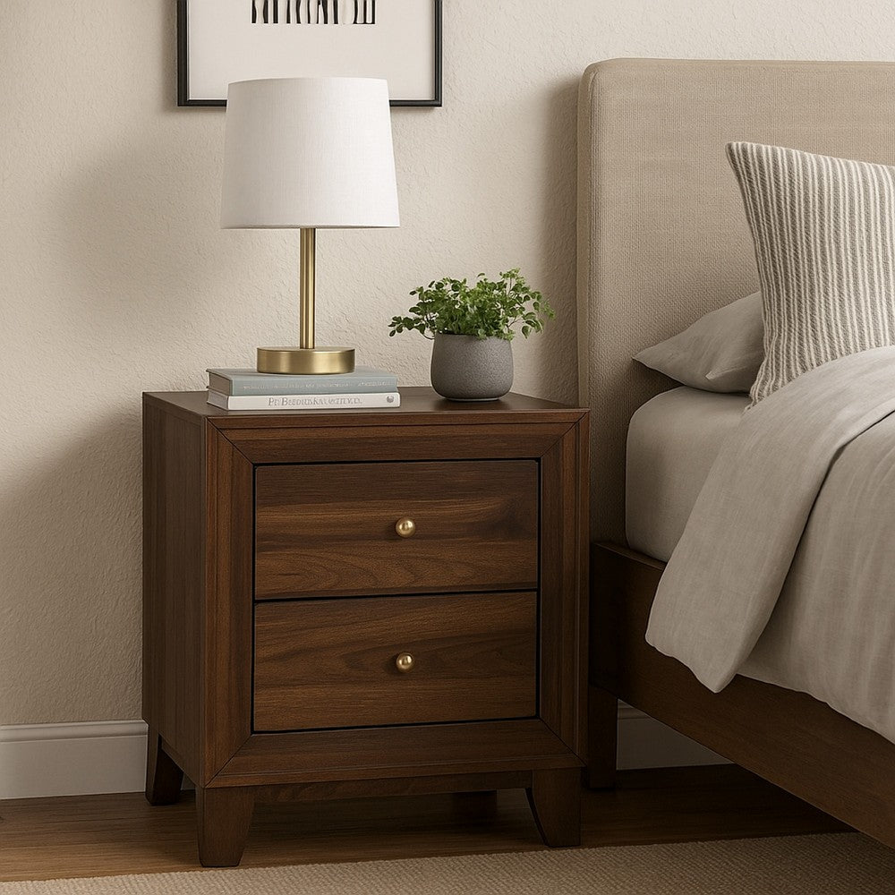 Benjara Yels Nightstand with 2 Drawers, Gold Metal Knobs, Walnut Brown