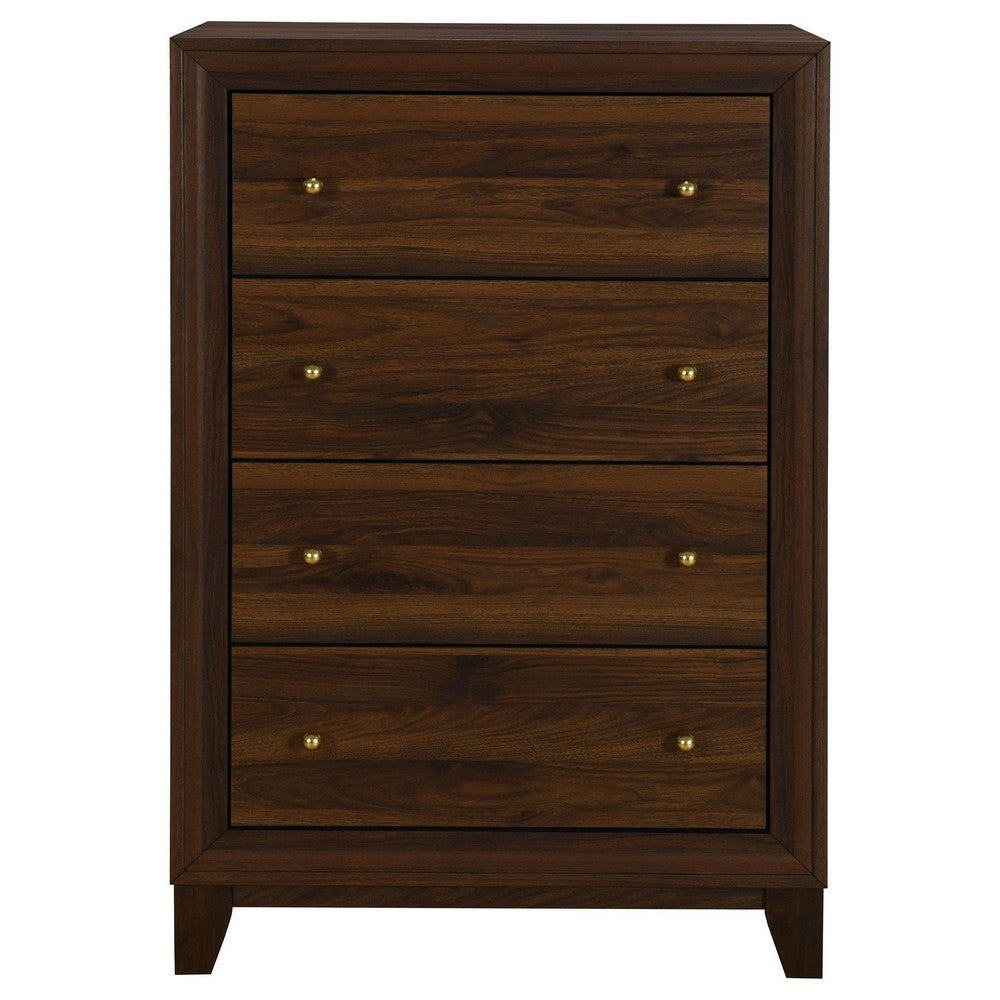 Benjara Yels Tall Dresser Chest with 4 Drawers, Gold Metal Knobs, Walnut Brown