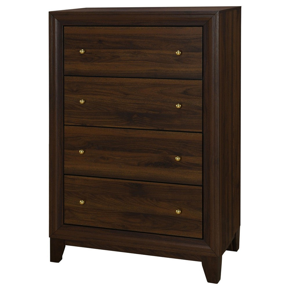 Benjara Yels Tall Dresser Chest with 4 Drawers, Gold Metal Knobs, Walnut Brown