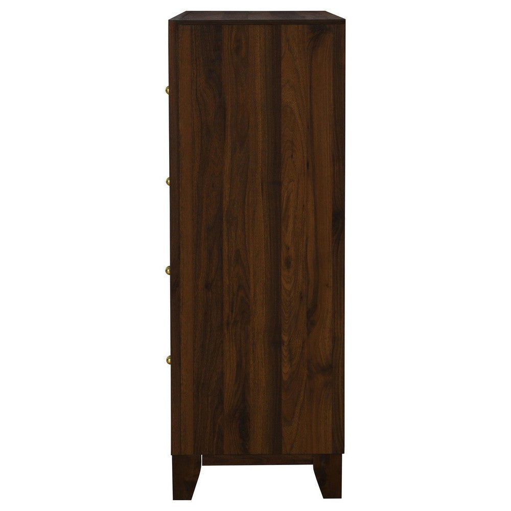 Benjara Yels Tall Dresser Chest with 4 Drawers, Gold Metal Knobs, Walnut Brown
