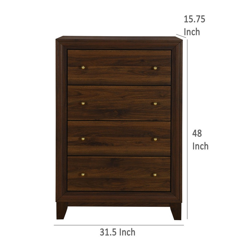 Benjara Yels Tall Dresser Chest with 4 Drawers, Gold Metal Knobs, Walnut Brown