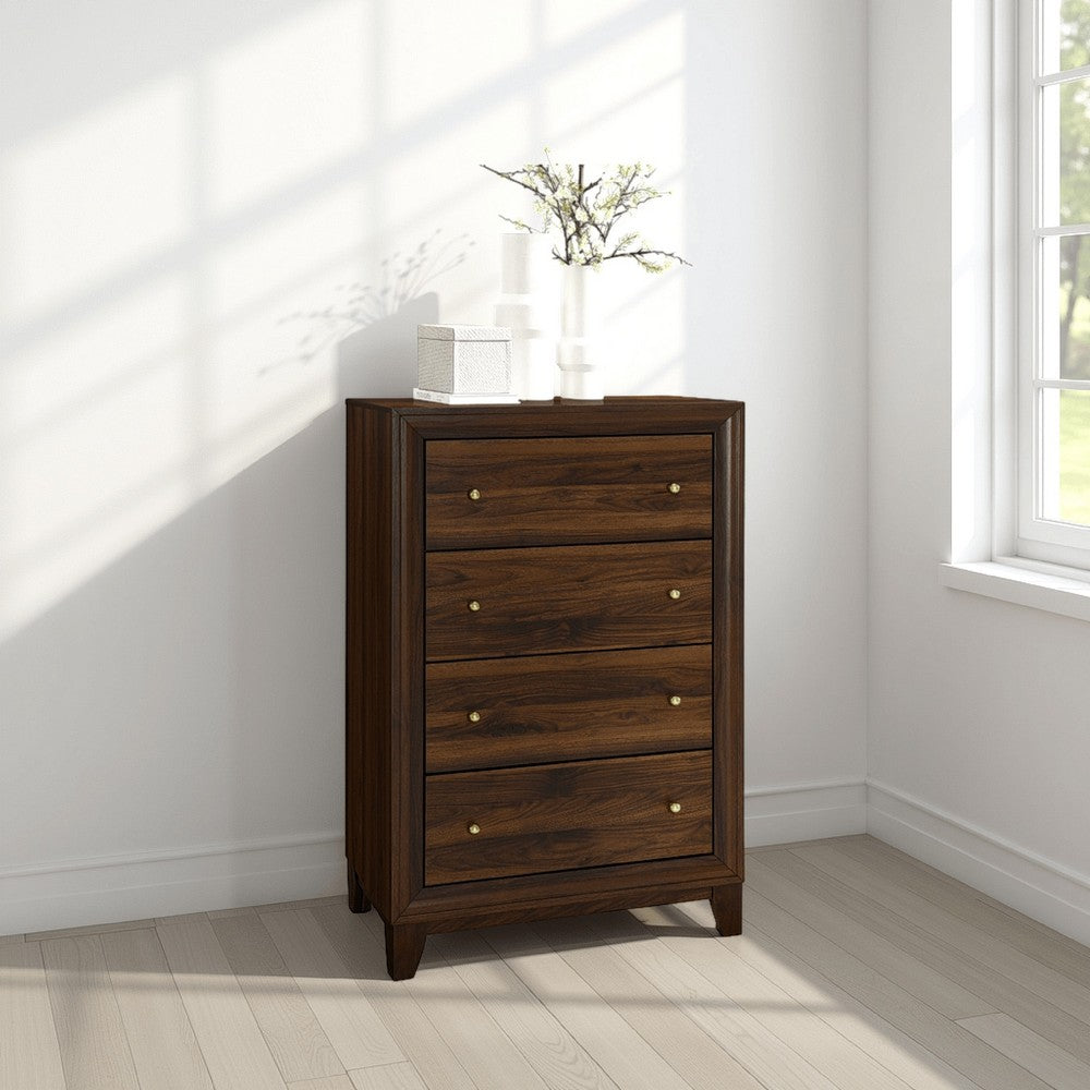 Benjara Yels Tall Dresser Chest with 4 Drawers, Gold Metal Knobs, Walnut Brown