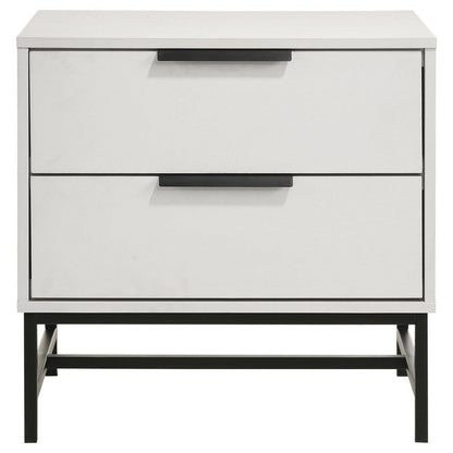 Benjara Noro Nightstand, 24 Inch, 2 Storage Drawers, Modern White, Black Metal