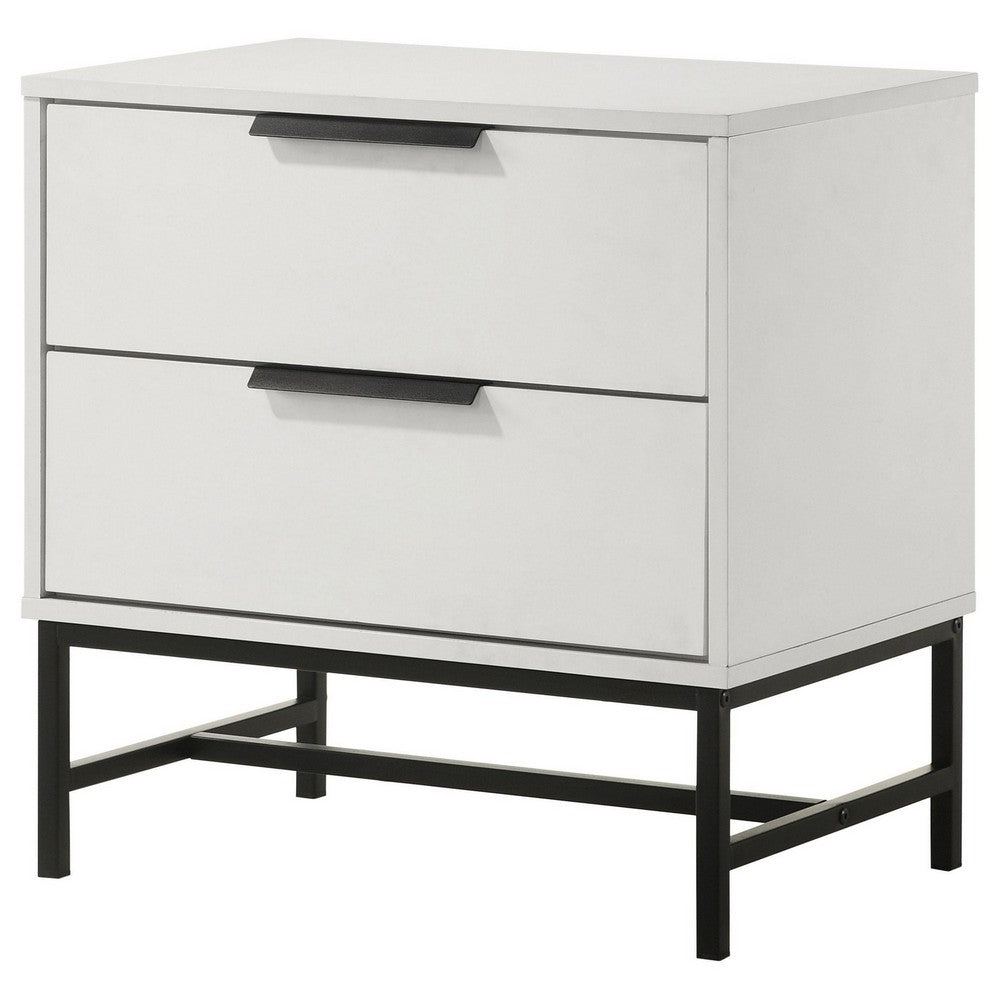 Benjara Noro Nightstand, 24 Inch, 2 Storage Drawers, Modern White, Black Metal