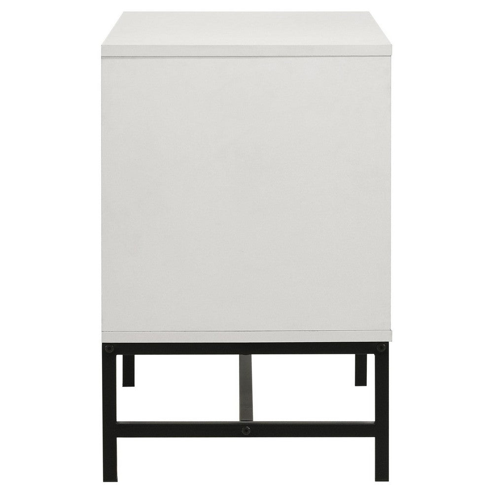 Benjara Noro Nightstand, 24 Inch, 2 Storage Drawers, Modern White, Black Metal