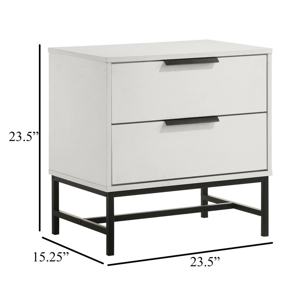 Benjara Noro Nightstand, 24 Inch, 2 Storage Drawers, Modern White, Black Metal