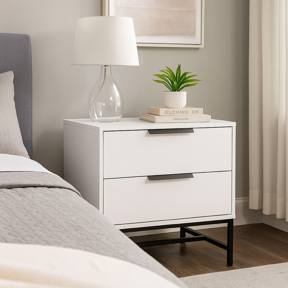 Benjara Noro Nightstand, 24 Inch, 2 Storage Drawers, Modern White, Black Metal
