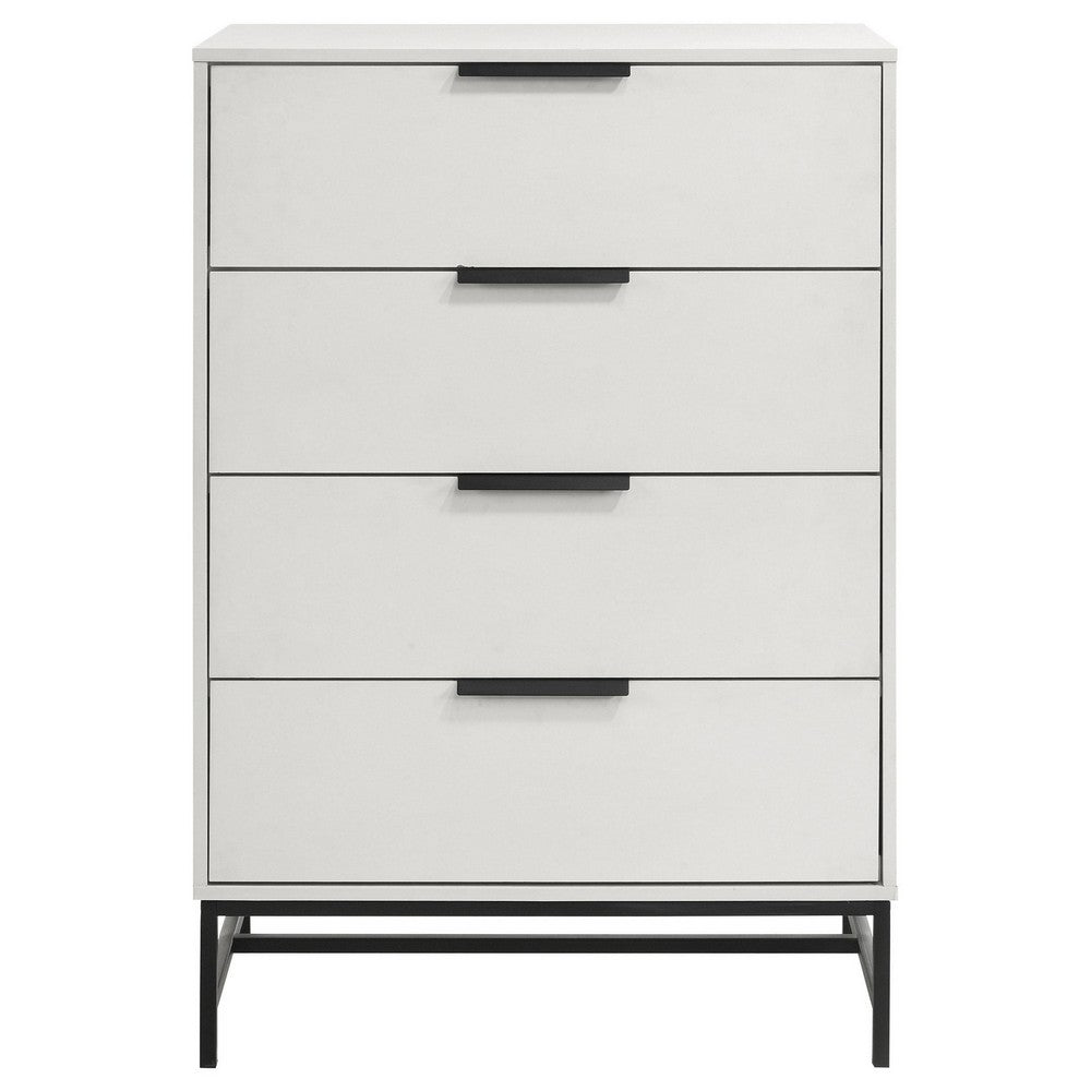 Benjara Noro Tall Dresser Chest, 4 Storage Drawers, Modern White, Black Metal