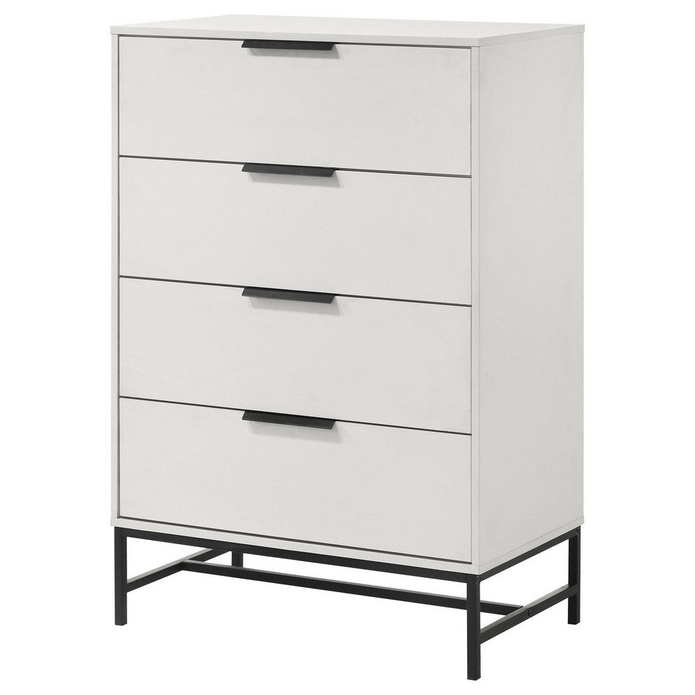 Benjara Noro Tall Dresser Chest, 4 Storage Drawers, Modern White, Black Metal