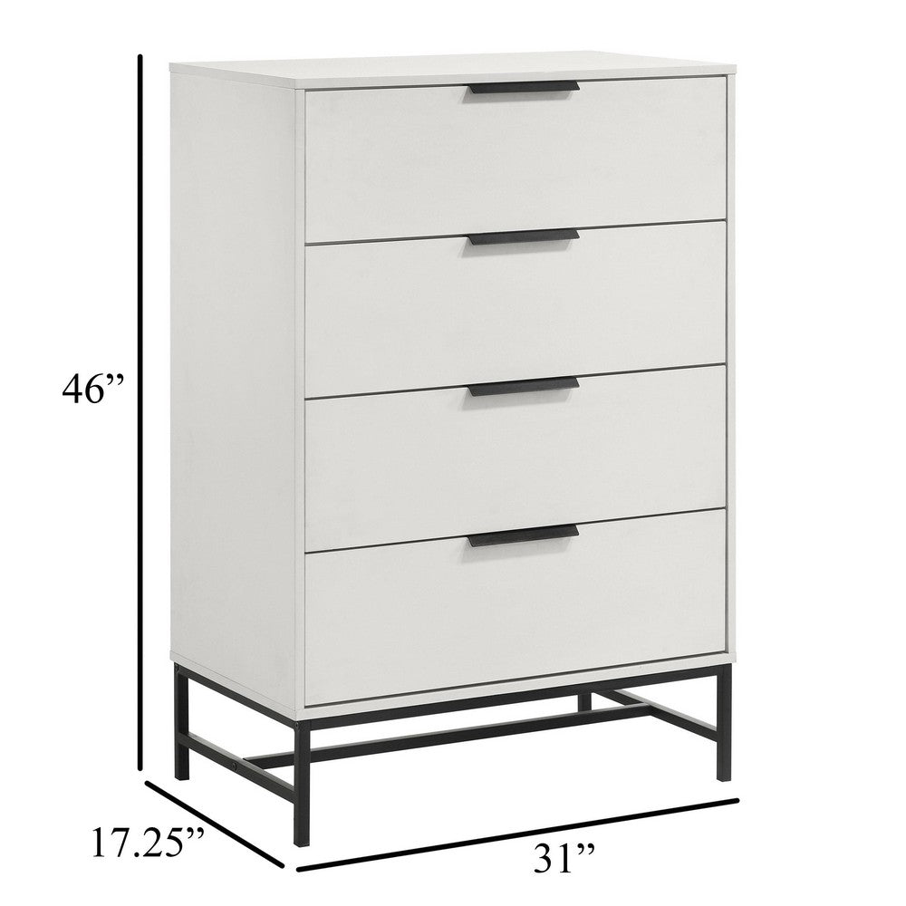 Benjara Noro Tall Dresser Chest, 4 Storage Drawers, Modern White, Black Metal