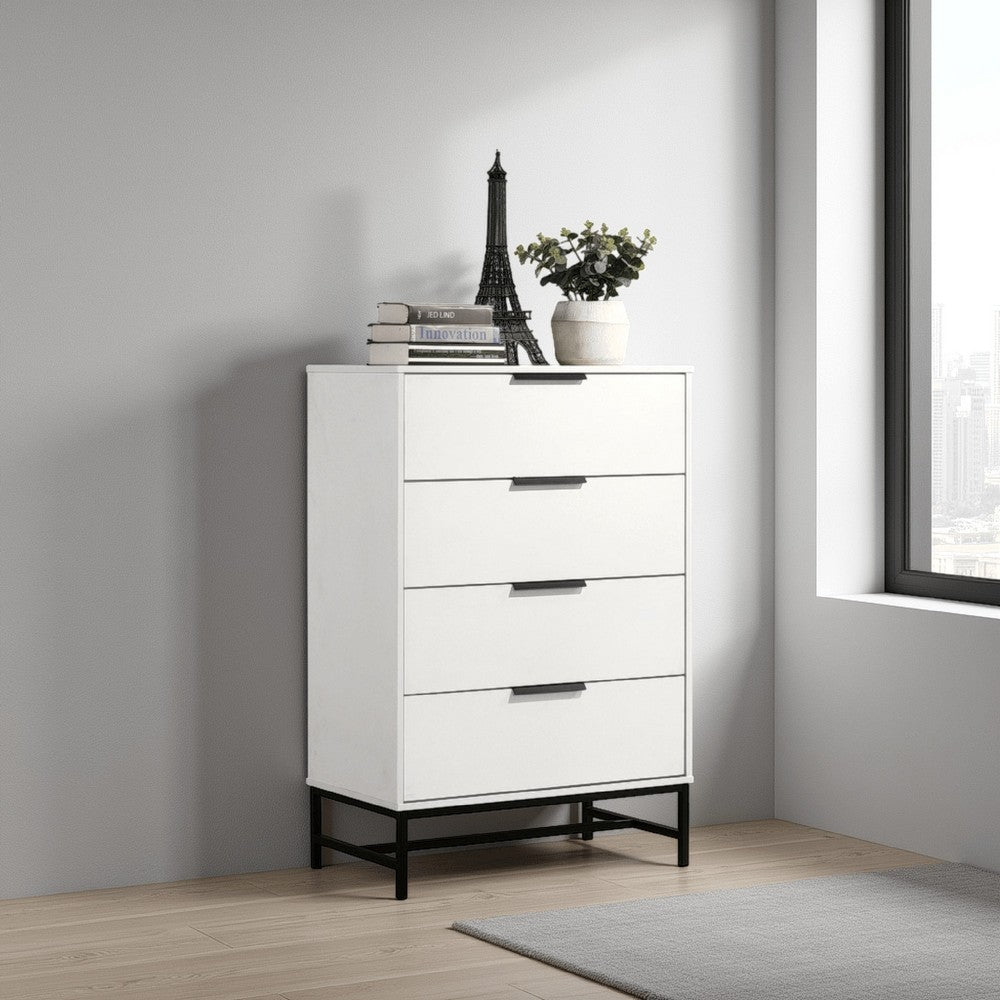 Benjara Noro Tall Dresser Chest, 4 Storage Drawers, Modern White, Black Metal