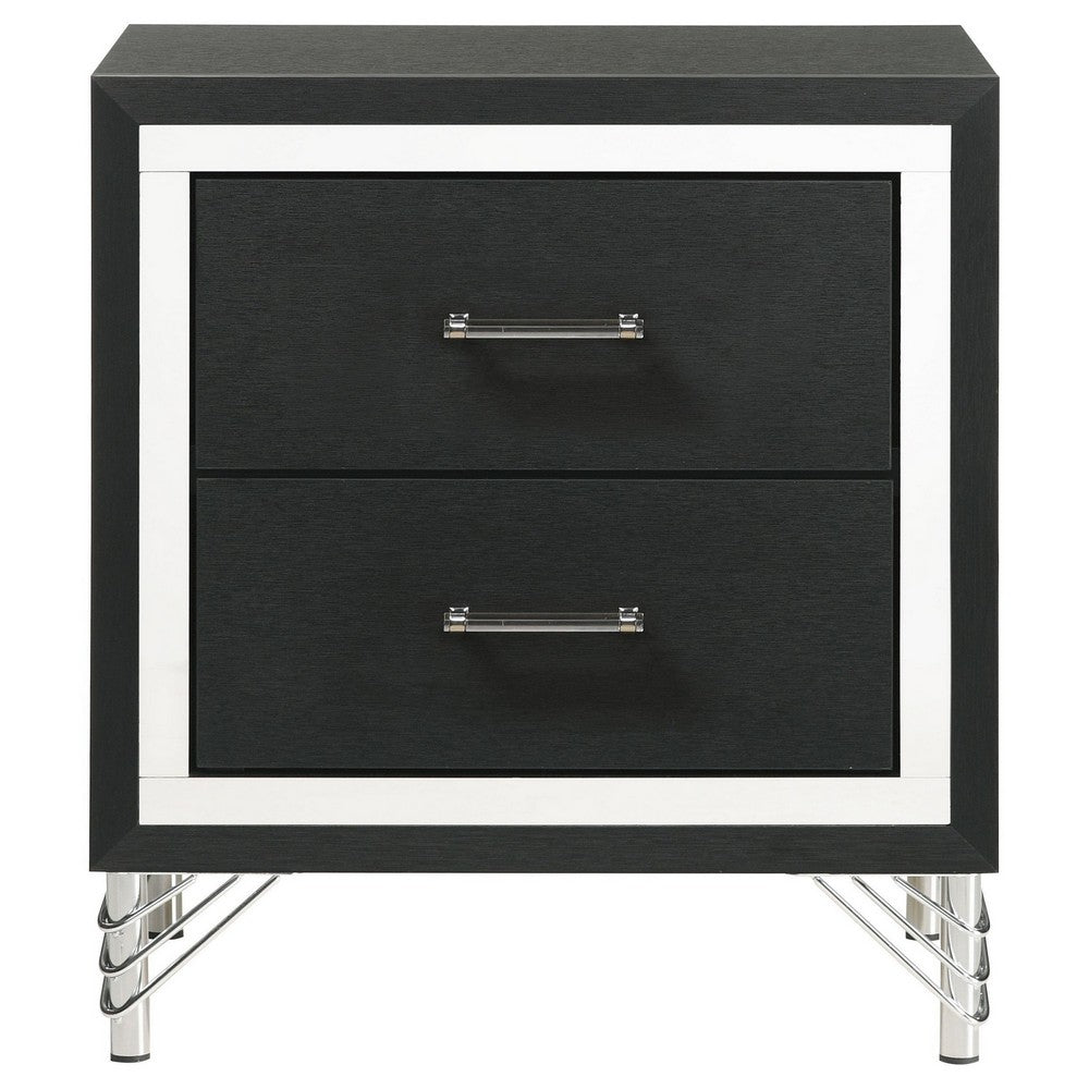 Benjara Jenny Nightstand, 24 Inch 2 Drawers And Chrome Accents, Modern Black