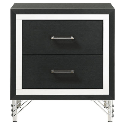 Benjara Jenny Nightstand, 24 Inch 2 Drawers And Chrome Accents, Modern Black