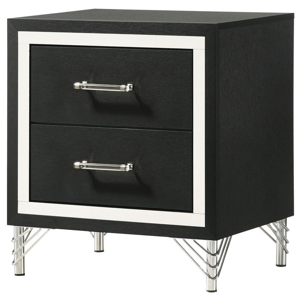 Benjara Jenny Nightstand, 24 Inch 2 Drawers And Chrome Accents, Modern Black