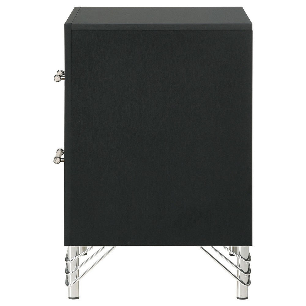 Benjara Jenny Nightstand, 24 Inch 2 Drawers And Chrome Accents, Modern Black