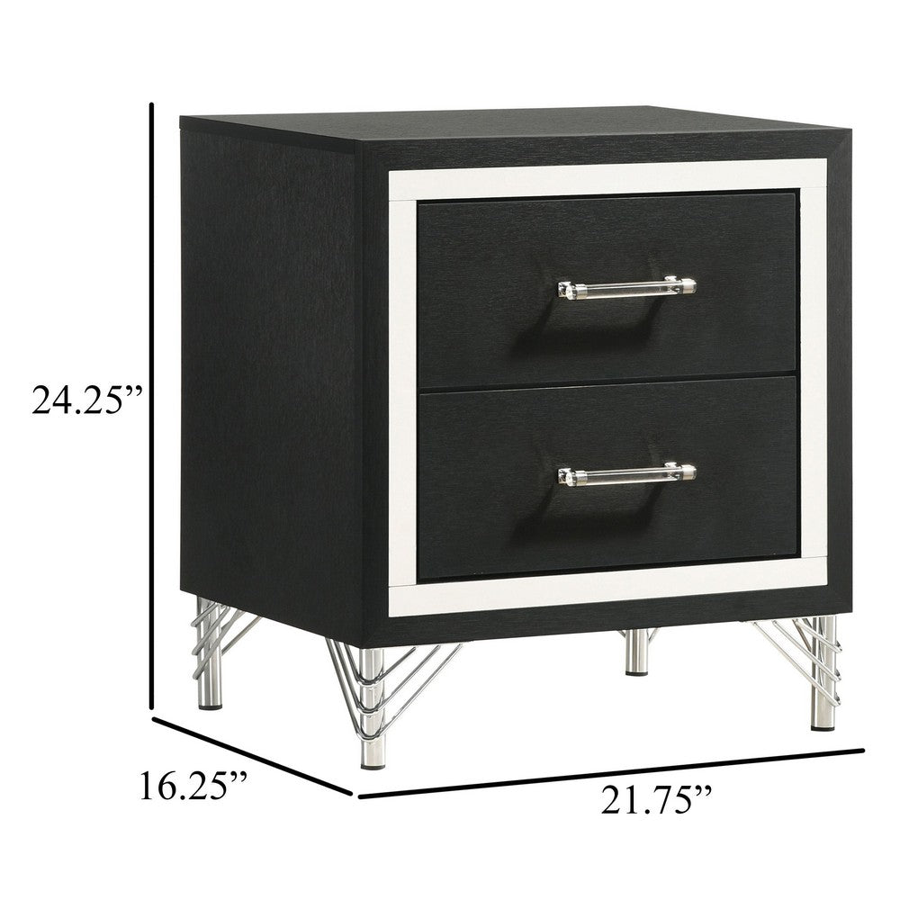 Benjara Jenny Nightstand, 24 Inch 2 Drawers And Chrome Accents, Modern Black
