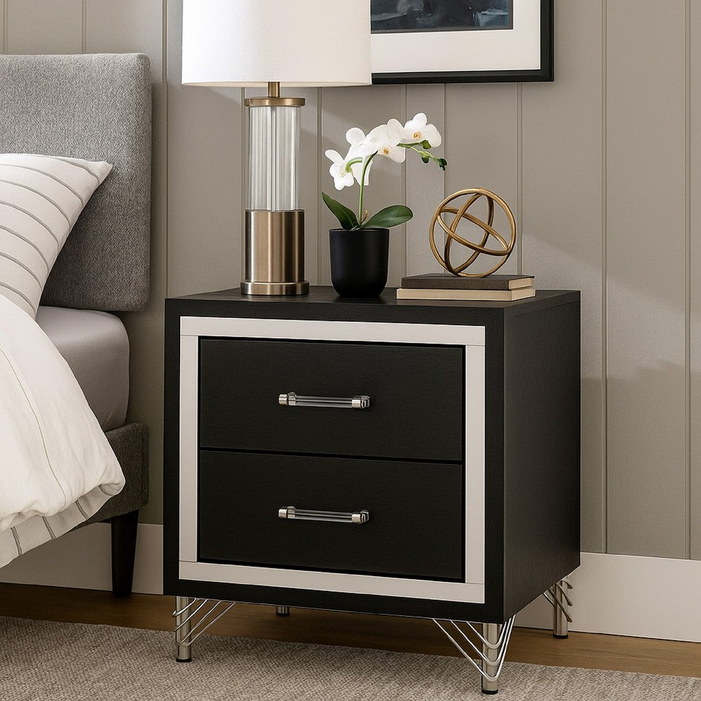 Benjara Jenny Nightstand, 24 Inch 2 Drawers And Chrome Accents, Modern Black