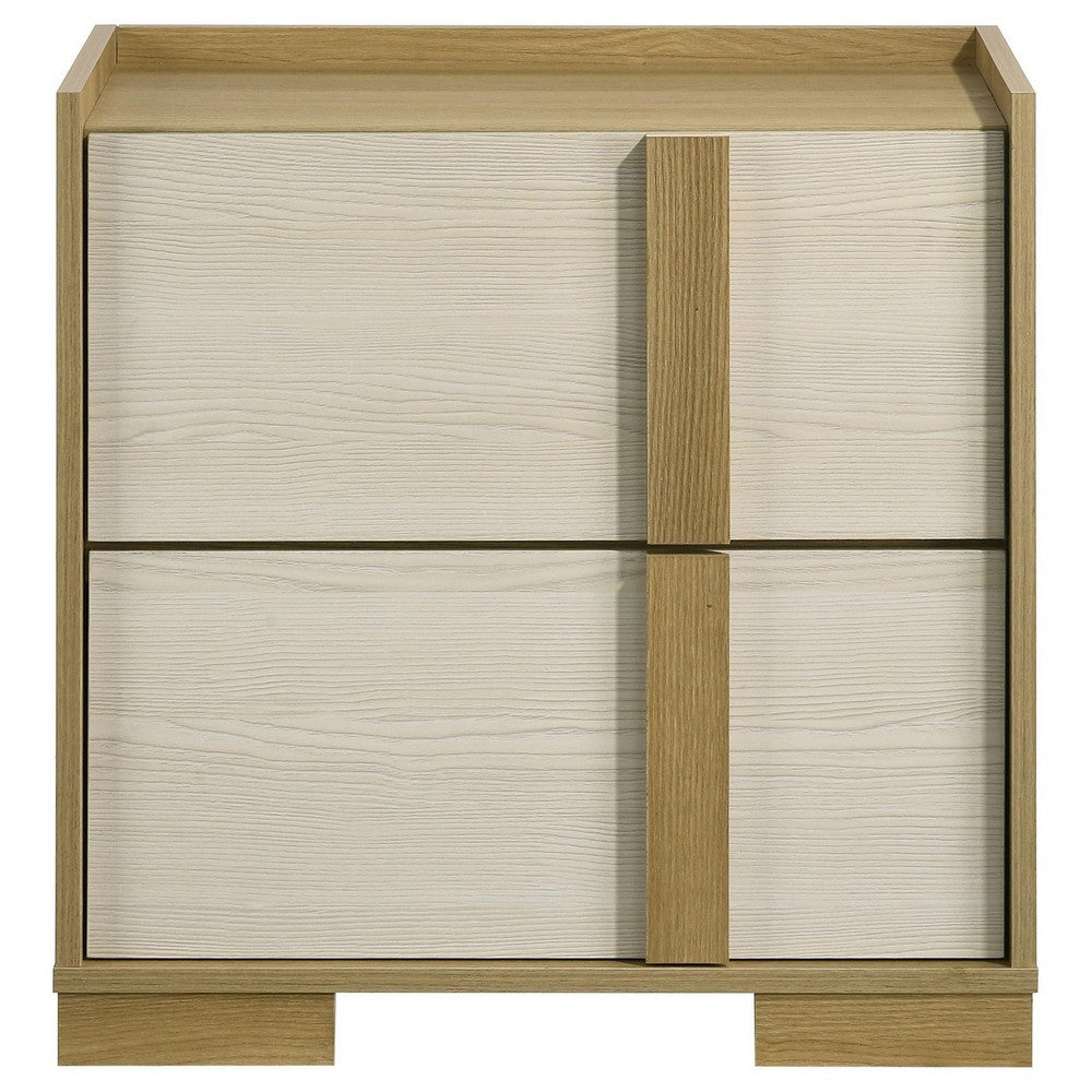 Benjara Hyle Nightstand, 2 Drawers, 24 Inch Modern Natural Brown And White