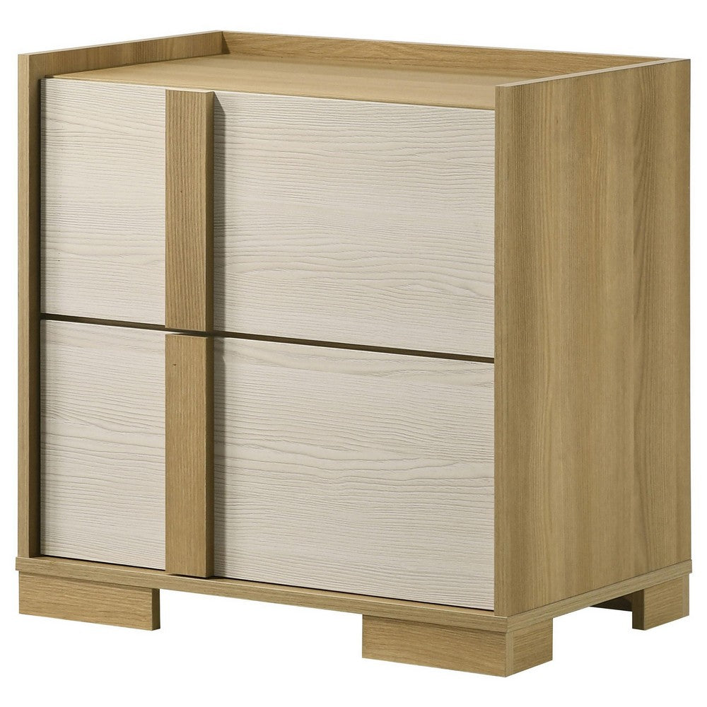 Benjara Hyle Nightstand, 2 Drawers, 24 Inch Modern Natural Brown And White