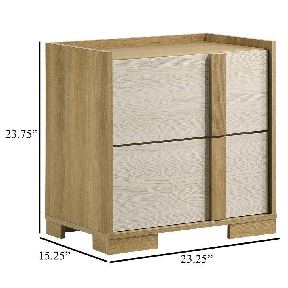 Benjara Hyle Nightstand, 2 Drawers, 24 Inch Modern Natural Brown And White