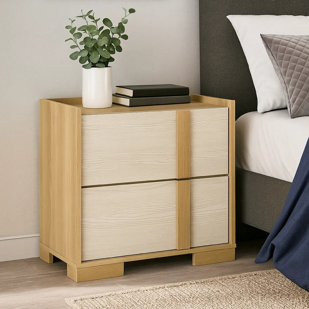 Benjara Hyle Nightstand, 2 Drawers, 24 Inch Modern Natural Brown And White