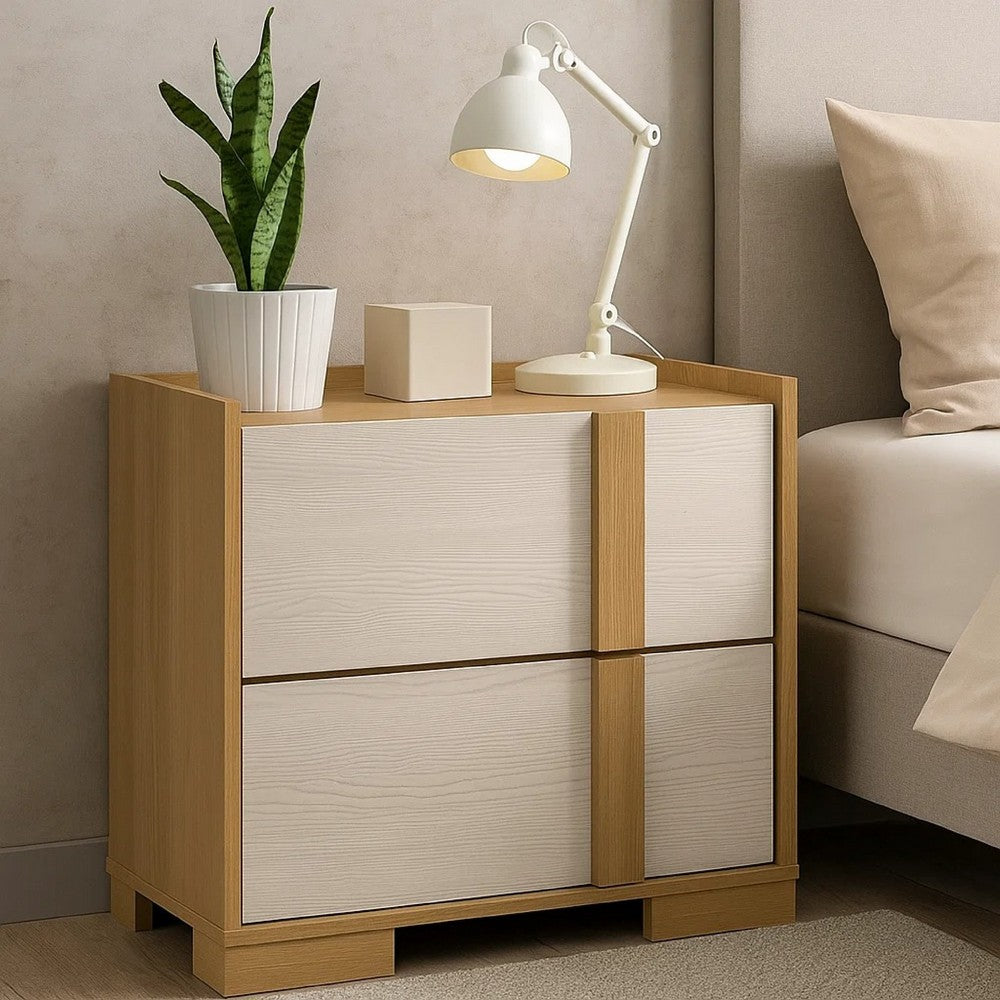 Benjara Hyle Nightstand, 2 Drawers, 24 Inch Modern Natural Brown And White