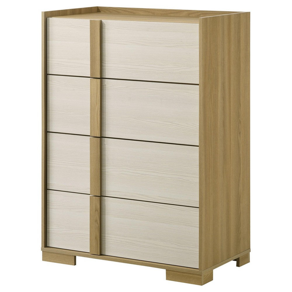 Benjara Hyle Tall Dresser Chest, 4 Drawers, Modern Natural Brown And White