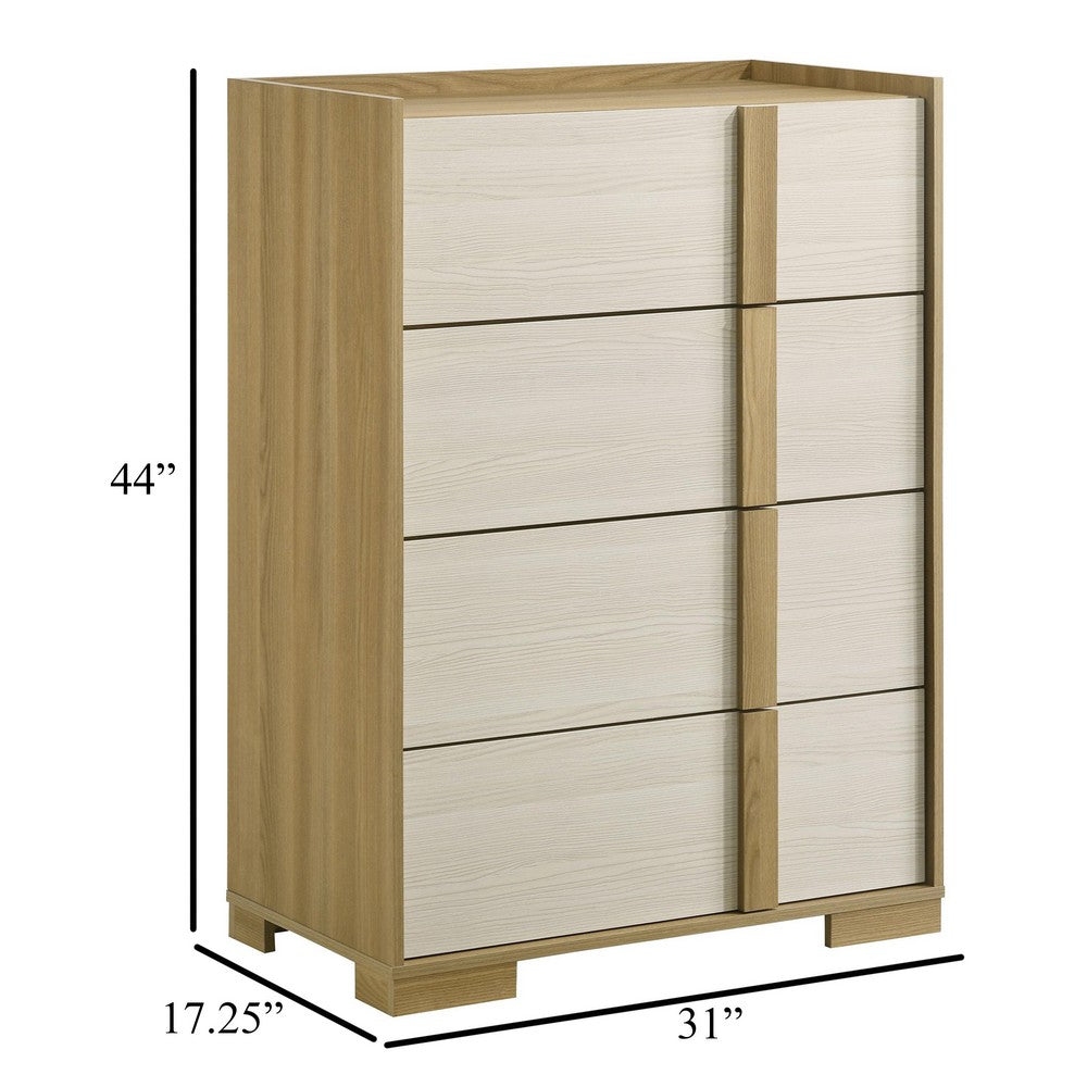 Benjara Hyle Tall Dresser Chest, 4 Drawers, Modern Natural Brown And White
